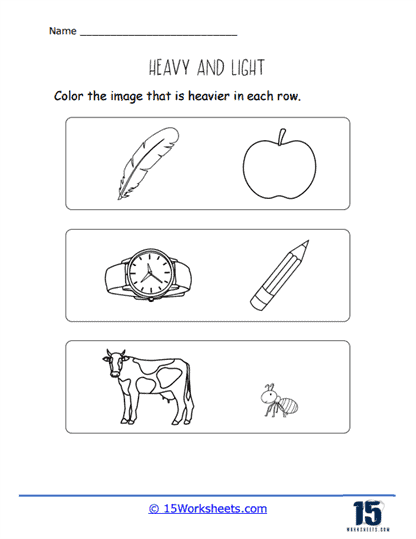 Worksheet for measuring weight, featuring activities for children to distinguish between heavy and light objects.