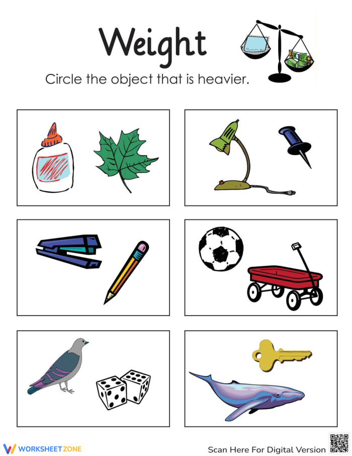 Pre-K student working on a printable worksheet about comparing heavy and light objects