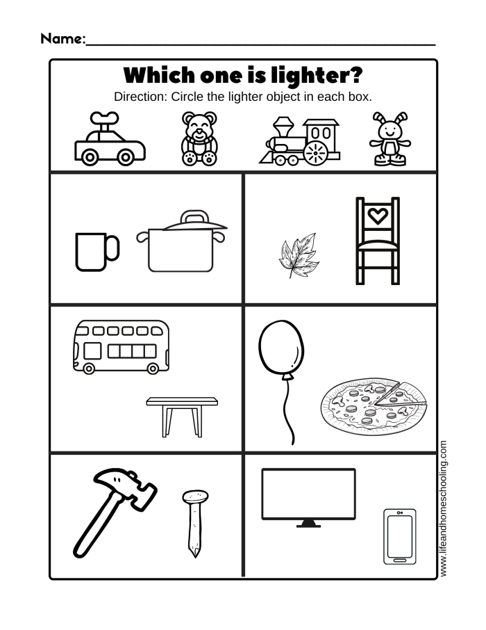 Worksheet for measuring weight with heavy and light items for kids