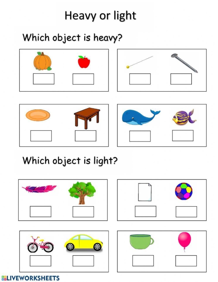Pre-K worksheet activity comparing heavy and light objects for early measurement practice