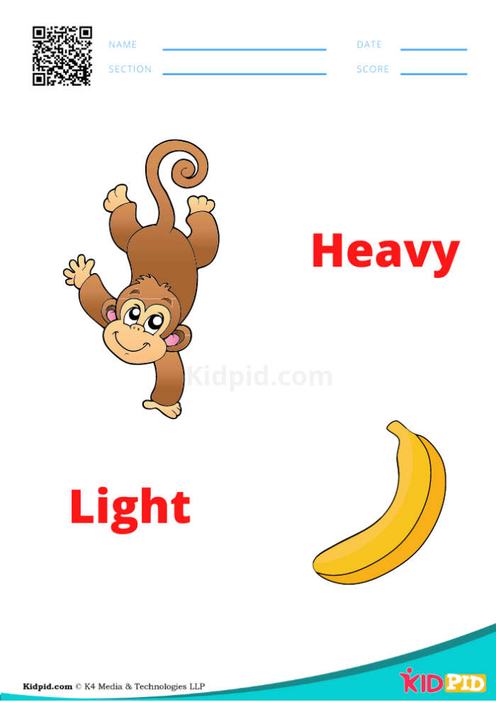 Worksheet for kids to learn about measuring weight, focusing on heavy and light objects