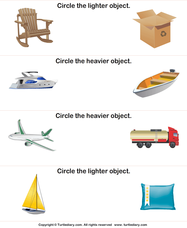 Pre-K worksheet comparing heavy and light objects to teach basic measurement skills