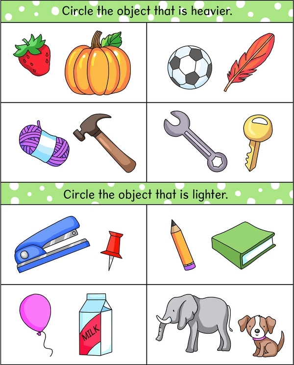 Worksheet for kids to learn about measuring weight, focusing on heavy and light objects