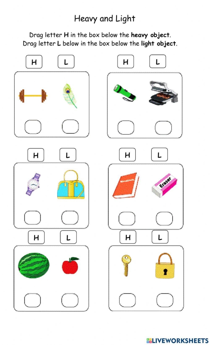 Worksheet for kids to practice measuring weight through heavy and light comparisons