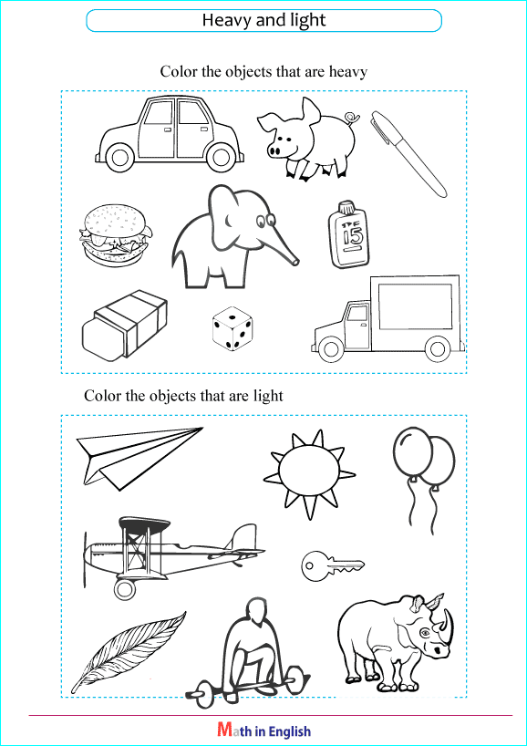 Pre-K student worksheet showing pictures of various objects to categorize as heavy or light