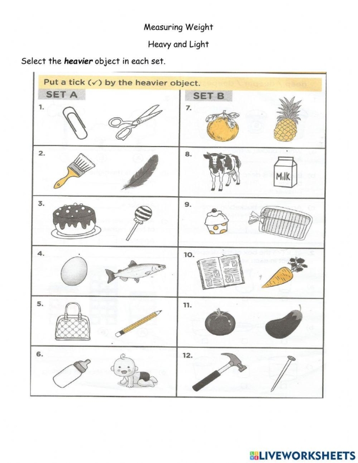 Worksheet featuring fun activities to measure weight for kids