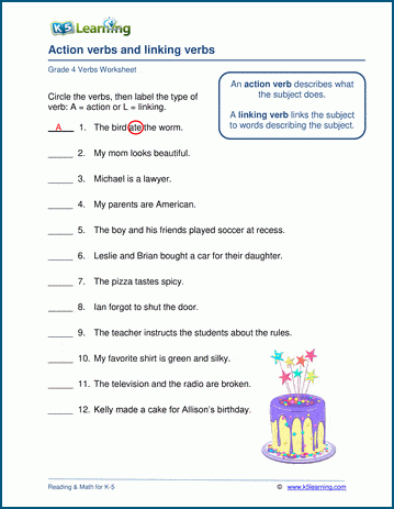 Interactive activity on understanding key verb types in English grammar Worksheet featuring helping and linking verbs for fourth graders