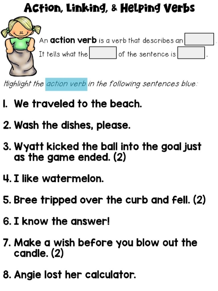 Interactive activity to learn about important parts of speech Worksheet featuring helping and linking verbs for fourth graders