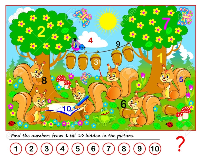 Pre-K coloring worksheet featuring nursery rhyme characters and hidden numbers 1 through 10