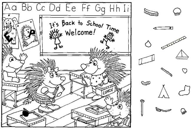 First grade worksheet featuring a hidden rabbit in a messy classroom for back to school practice