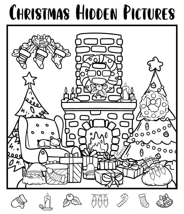 Find the Hidden Objects worksheet 16 for early readers Pre-K students identifying secret items in a colorful mixed-up scene for worksheet 16