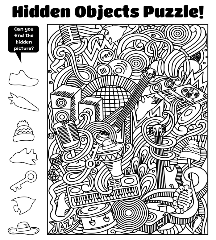 Find the Hidden Objects Worksheet 6 for Preschoolers Pre-K worksheet with a mixed-up picture for students to find six hidden objects
