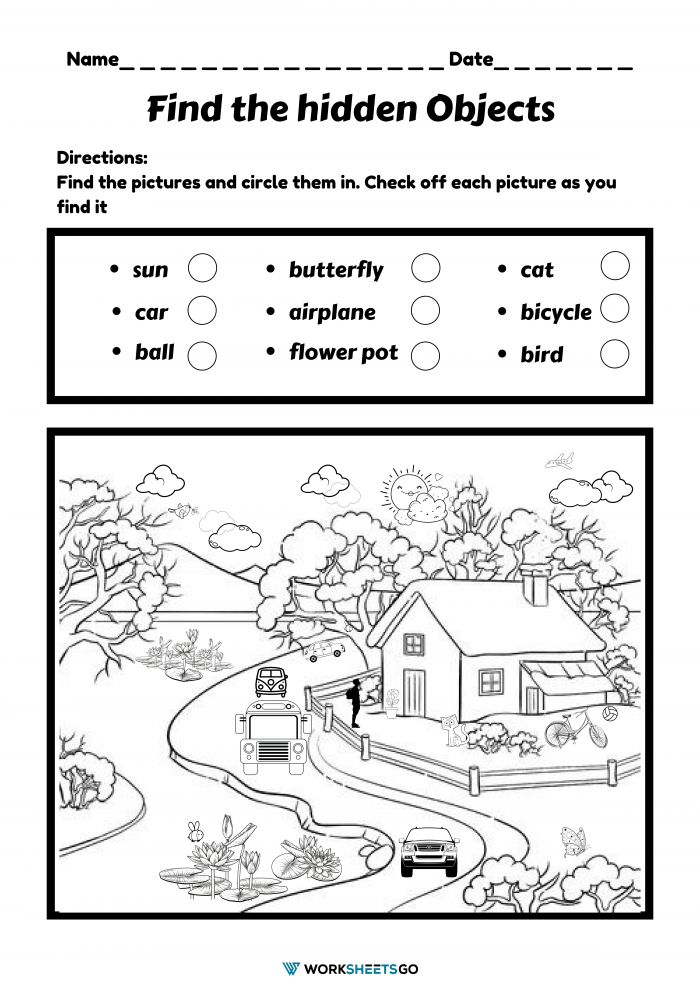 Pre-K Reading Activity: Locate the Concealed Objects in This Jumbled Picture Worksheet Hidden objects puzzle picture for Pre-K students to find and identify mixed-up items in a busy scene