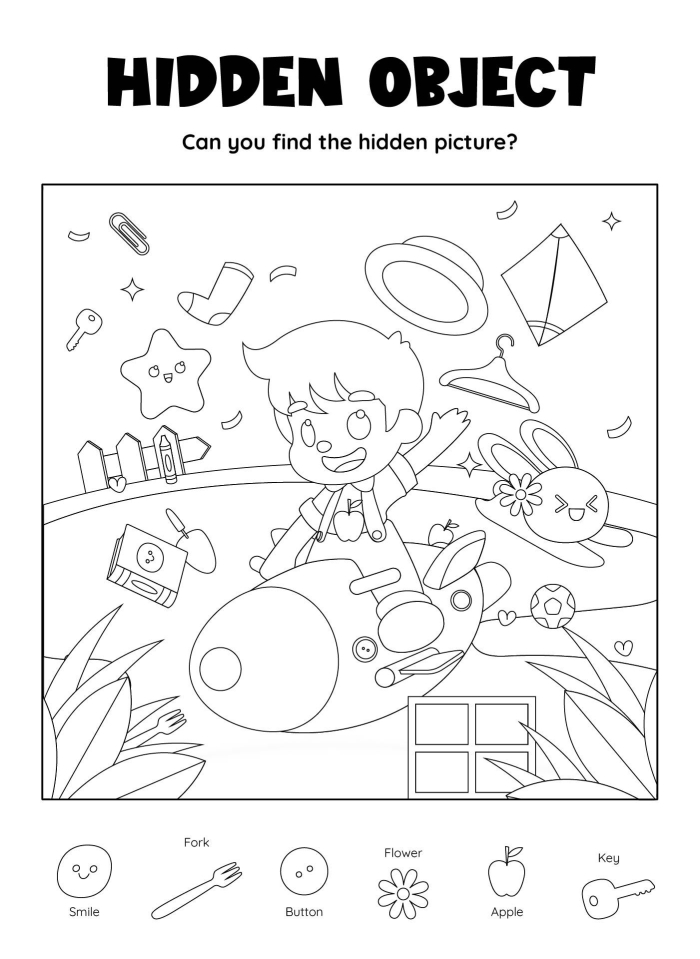Find the Hidden Objects Worksheet 18 for Preschool Reading Practice Pre-K students identifying hidden items in a fun illustration for worksheet 18