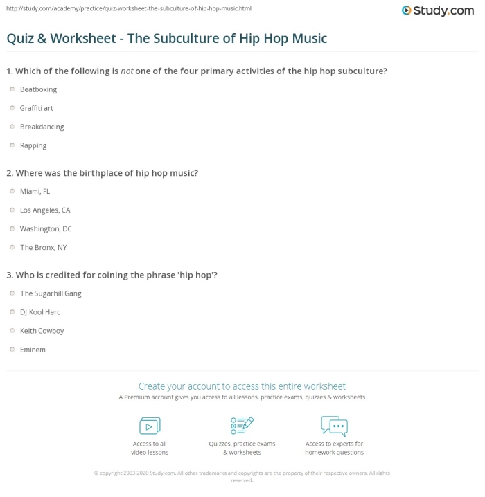 Hip Hop Music worksheet focusing on the history of African-American contributions to pop music