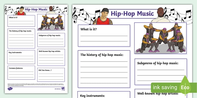 A fourth-grade student engaging with a Hip Hop Music worksheet, exploring the history of African-American pop music. Educational resource for Black History Month highlighting soul music's influence on hip hop.