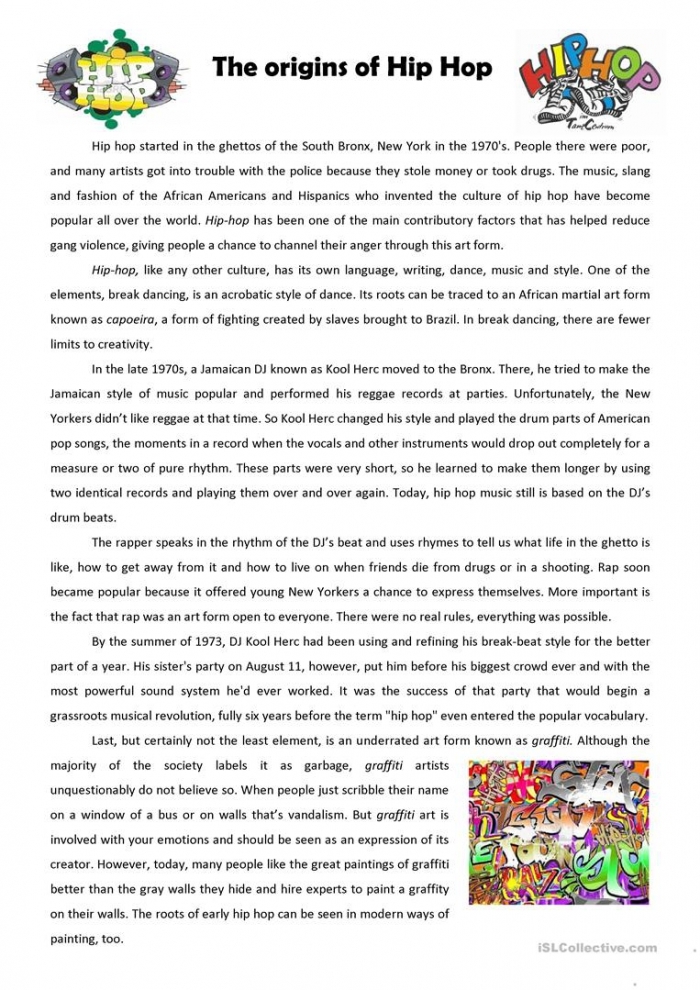 Fourth grade worksheet featuring a historical timeline of hip hop music and African-American pop culture icons for Black History Month