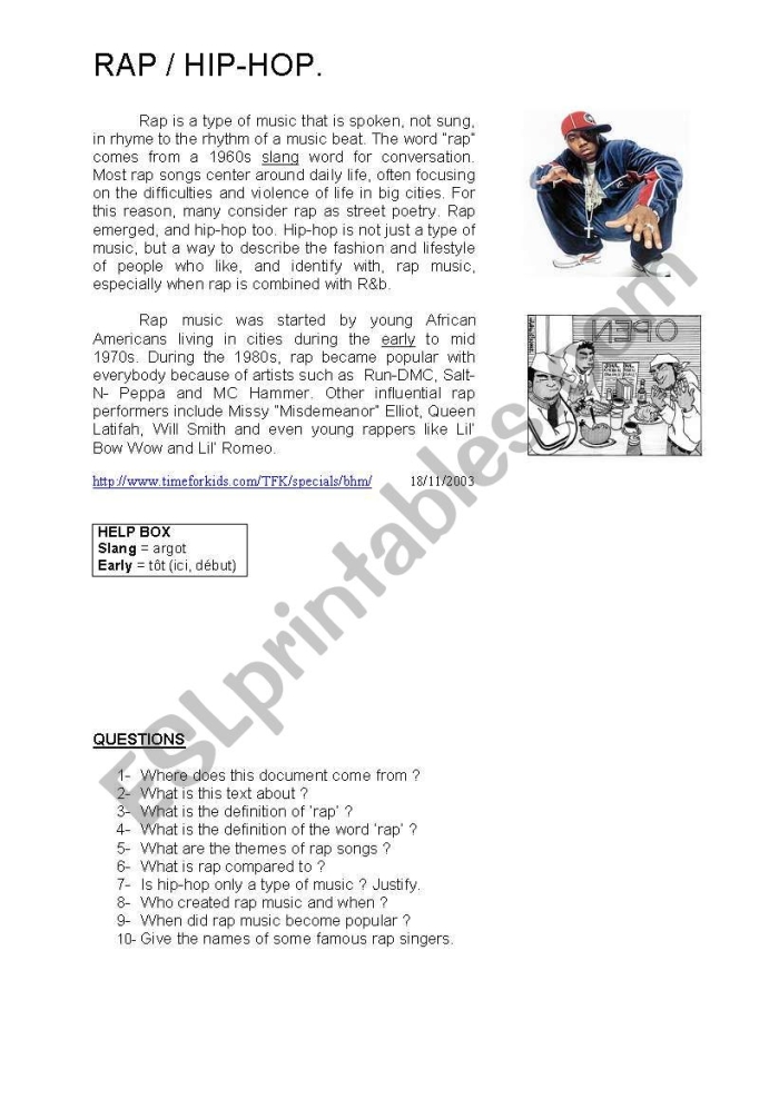 A fourth-grade worksheet exploring the history of Hip Hop music and its roots in African-American culture