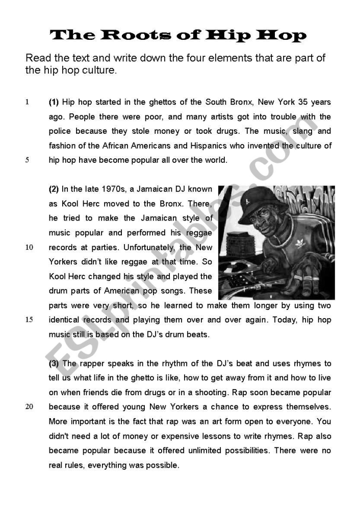 Fourth grade reading worksheet detailing the historical evolution of hip hop music for Black History Month
