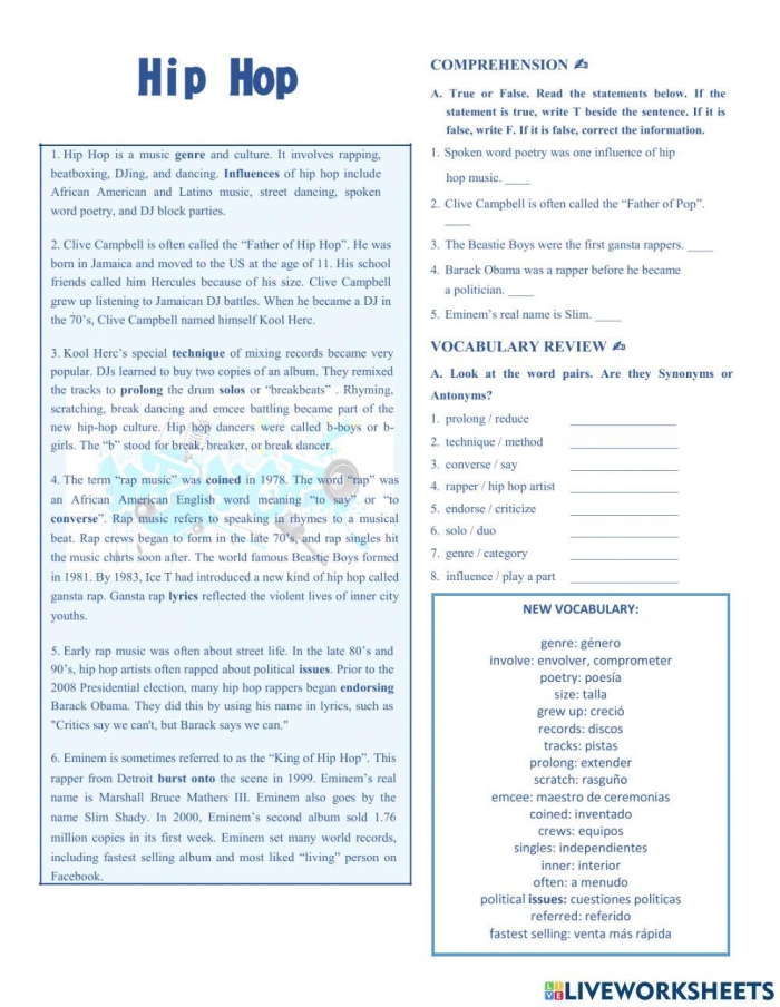 Hip-Hop Music worksheet for fourth graders exploring the history of pop music and its roots in African-American culture