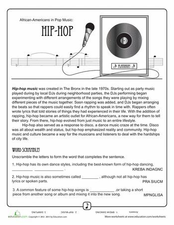 Fourth grade reading worksheet featuring a historical timeline of hip hop music for Black History Month