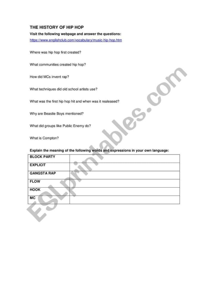 Hip-Hop Music worksheet for fourth graders celebrating Black History Month and soul music
