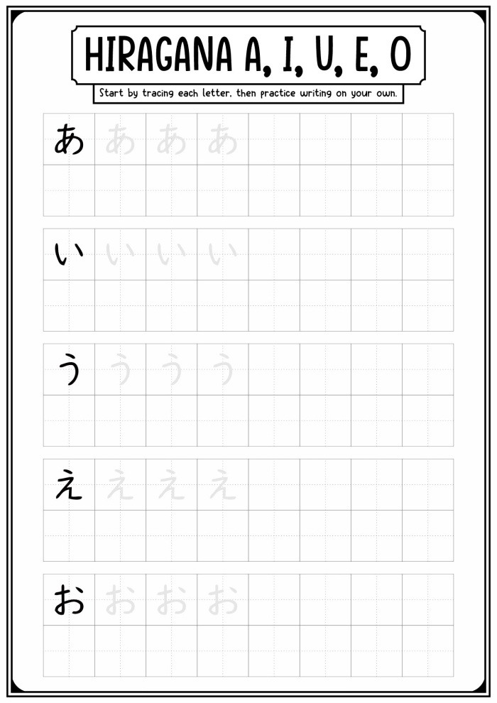 Worksheet for teaching the Hiragana letter "a" to kindergarteners learning Japanese. Educational resource featuring a Hiragana alphabet practice sheet for young learners.