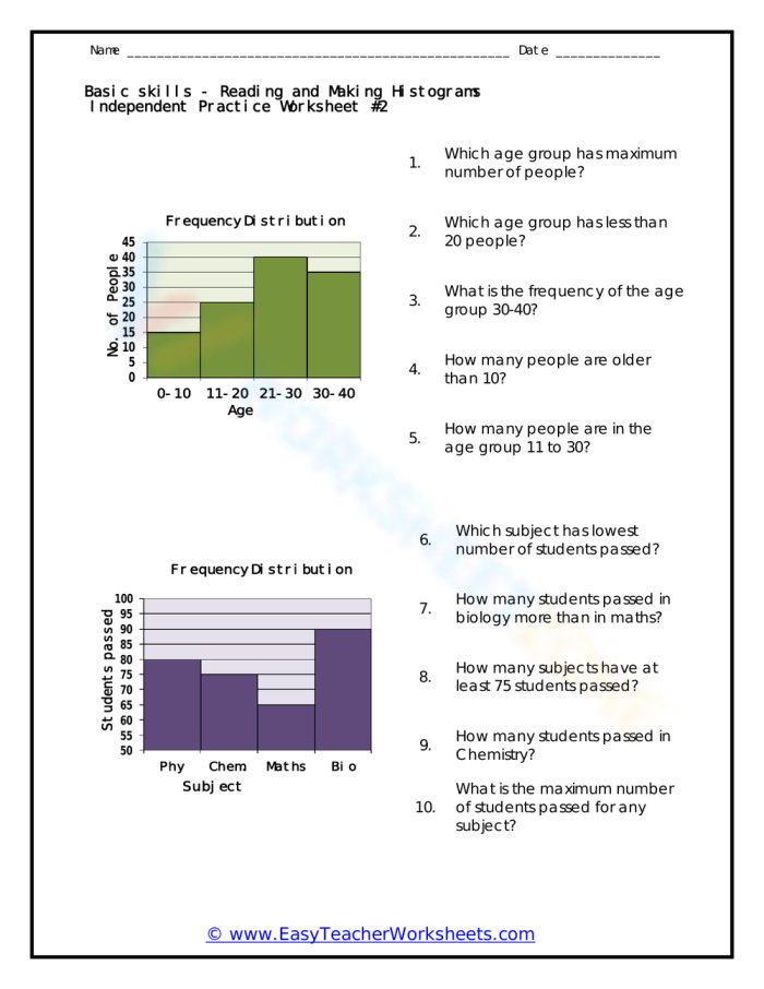 Sixth grade math worksheet featuring histogram graphs and data analysis problems for integers and rational numbers