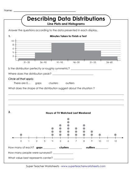 Sixth grade students using a two-page math worksheet to practice describing data distributions in histograms