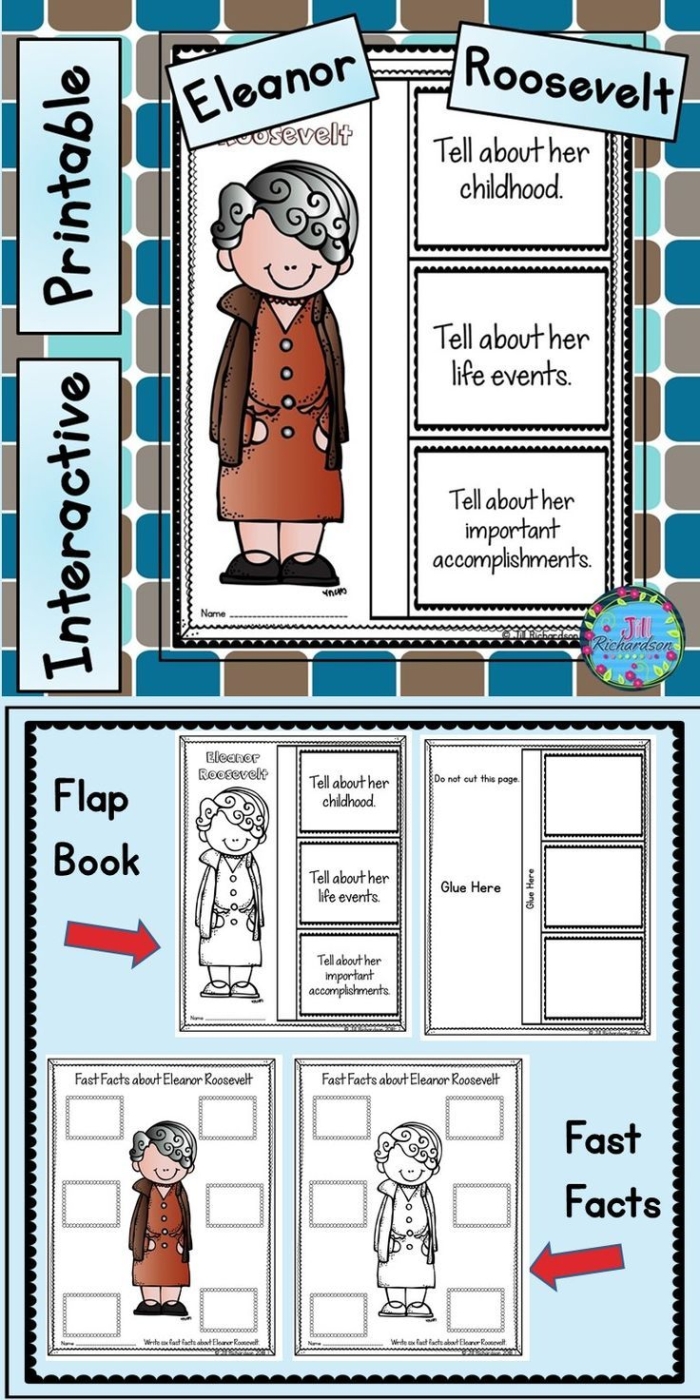 Illustration of a worksheet focused on Eleanor Roosevelt's contributions and legacy for fourth graders