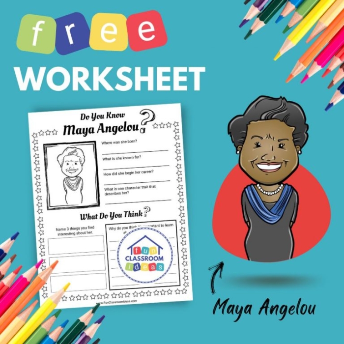 ALT text for a worksheet featuring Maya Angelou for second graders