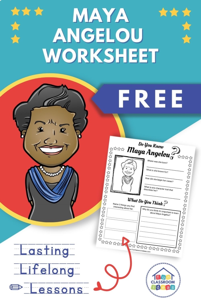 Worksheet featuring Maya Angelou for second graders learning about historical heroes