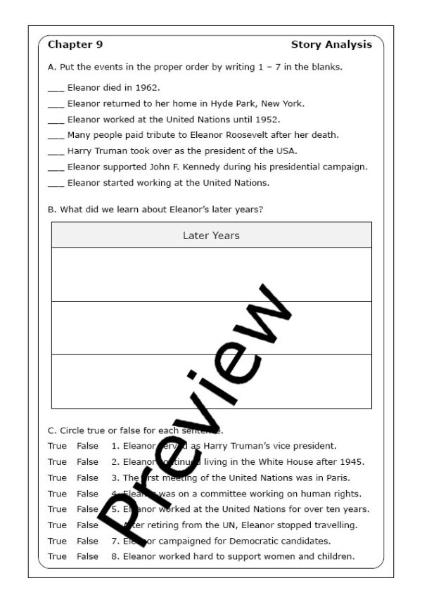 ALT text for a worksheet featuring Eleanor Roosevelt, highlighting her role as the first U.S. delegate to the United Nations and her humanitarian efforts.