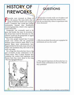 Colorful fireworks illuminate the night sky as children read about their history in a worksheet. Engaging third-grade students with a history of fireworks activity sheet.