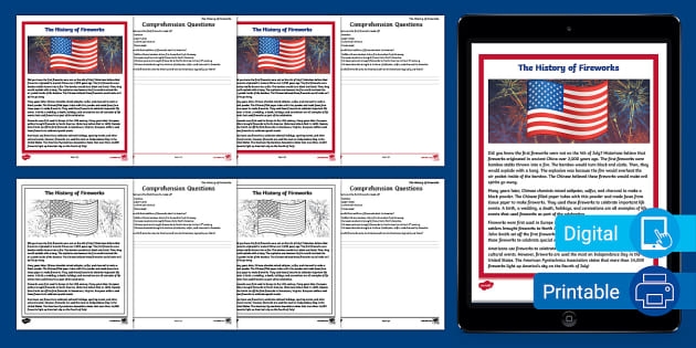 Third grade reading worksheet featuring a colorful historical overview and comprehension questions about fireworks