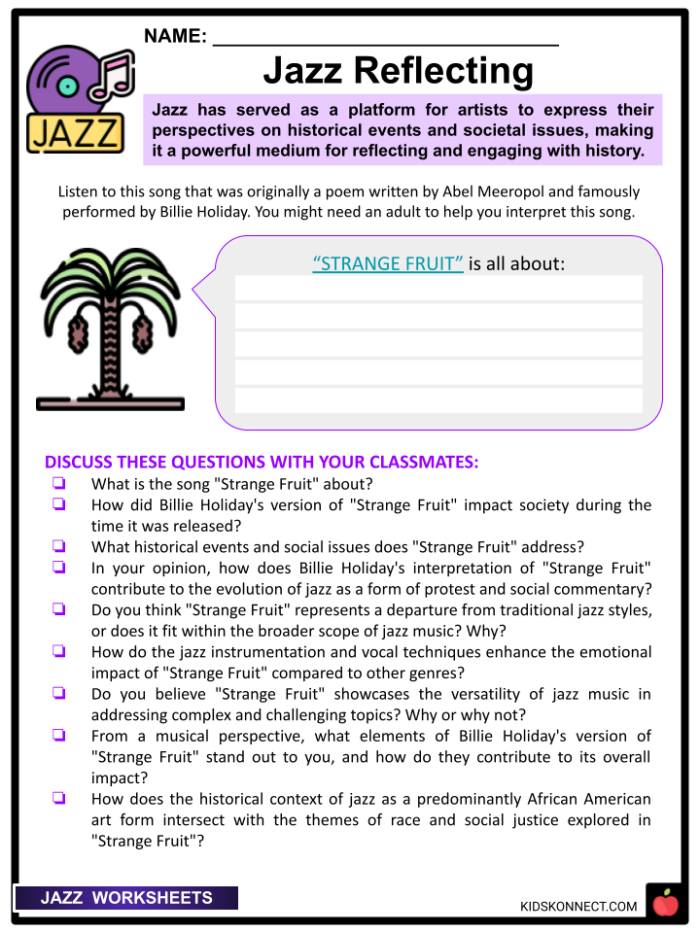 ALT text for a fourth-grade worksheet on the history of jazz music celebrating Black History Month