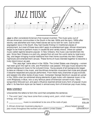 Fourth grade student completing a History of Jazz worksheet during Black History Month