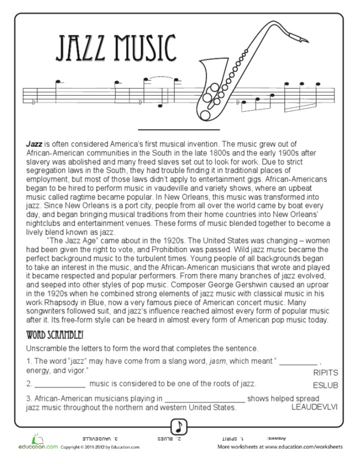 Fourth grade worksheet about the history of jazz music and Black contributions to pop culture