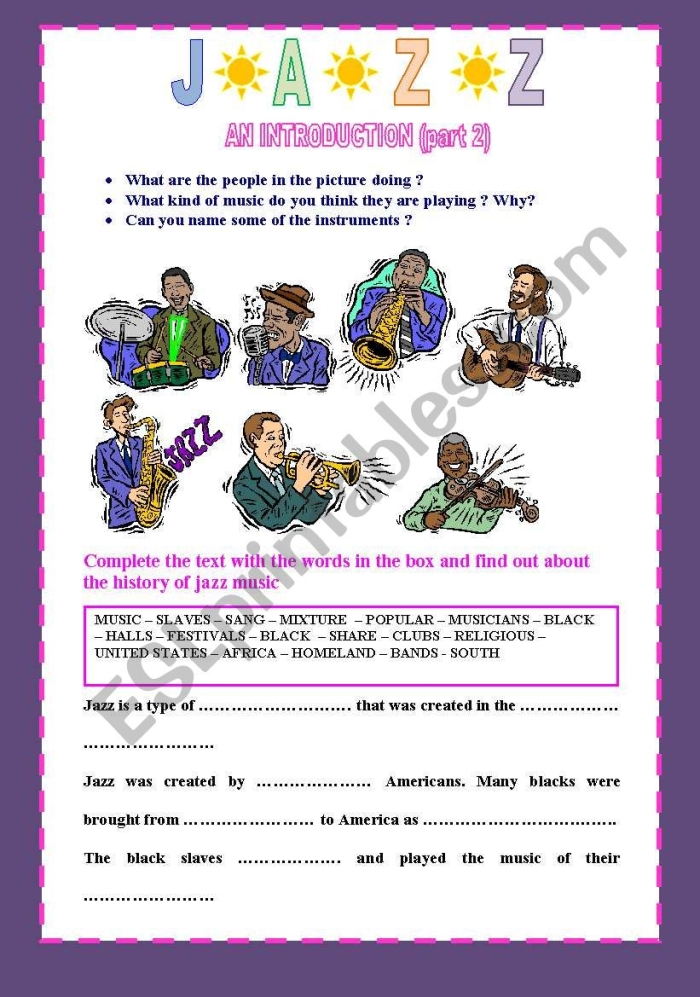 Worksheet focusing on the history of jazz music and its significance in African-American culture