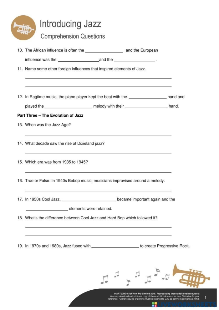 Worksheet featuring the history of jazz music for fourth graders celebrating Black History Month