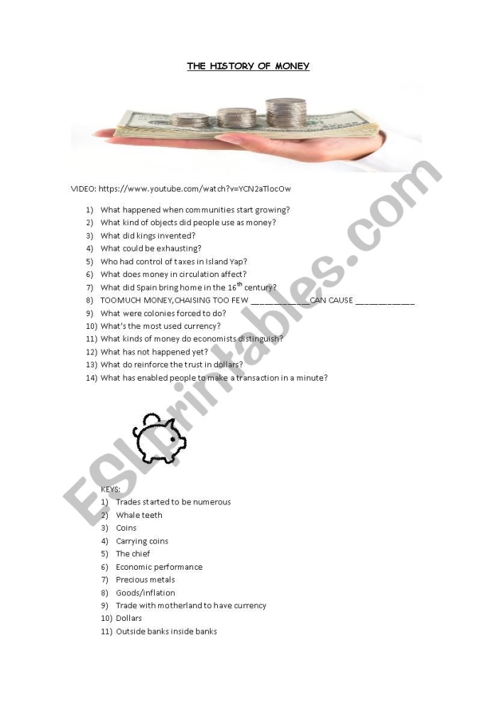 History of Money worksheet featuring a timeline of American currency with quiz questions for fifth graders