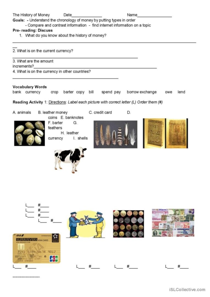 ALT text for a fifth-grade worksheet on the history of American money featuring a timeline and quiz questions