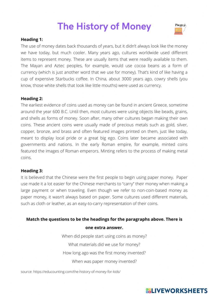 ALT text: Educational worksheet featuring a timeline of American money for fifth graders