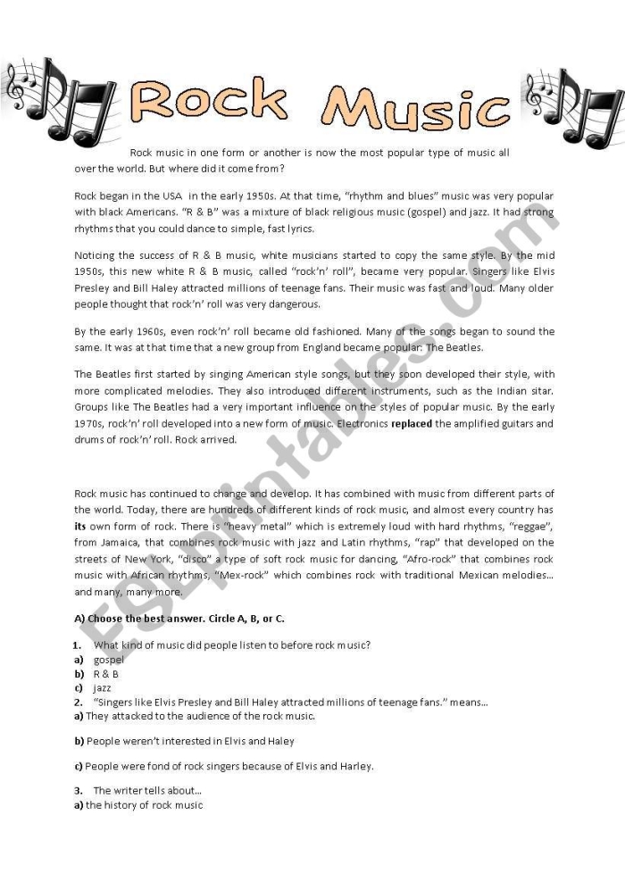 History of Rock 'n' Roll worksheet highlighting key African-American musicians and their influence on music