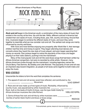 Worksheet exploring the history of rock 'n' roll and its roots in African-American culture