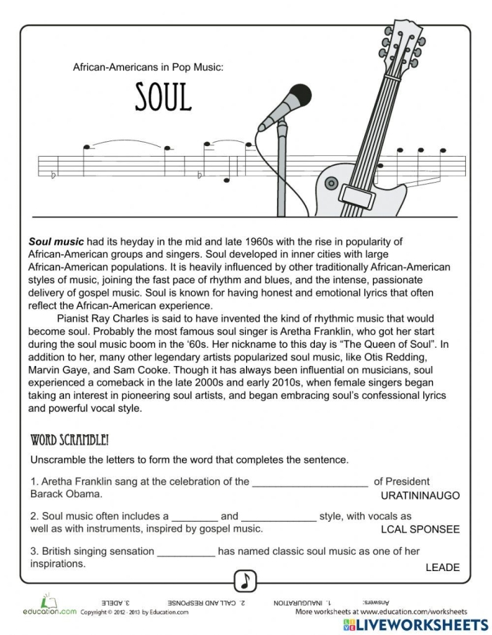 Worksheet focused on the history of soul music and its impact on African-American culture