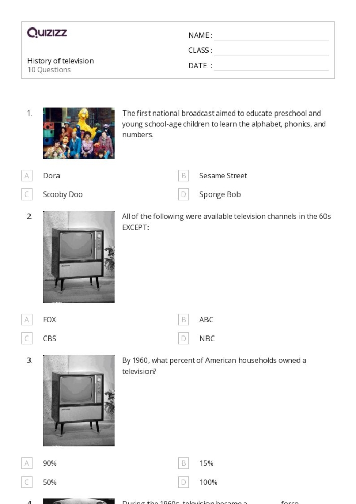 History of Television Educational Worksheet for Fifth Grade Learners Fifth grade students reading a brief history of television worksheet
