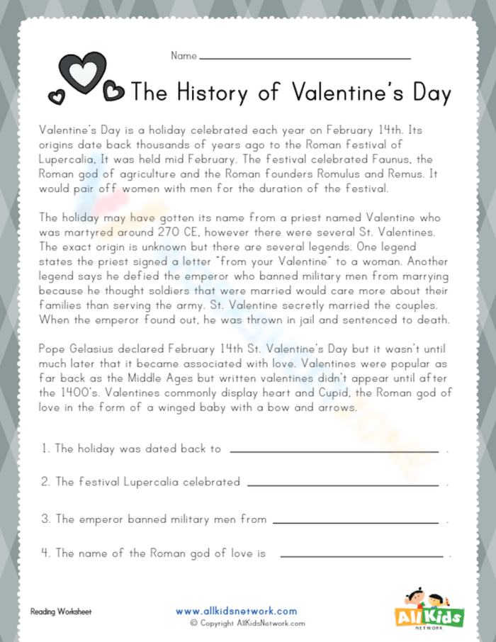 Worksheet exploring the origins and traditions of Valentine's Day for fifth graders
