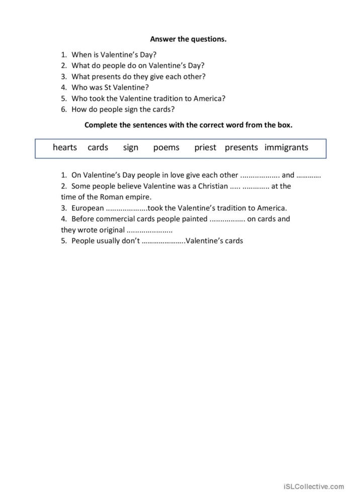 Worksheet illustrating the history of Valentine's Day for fifth graders