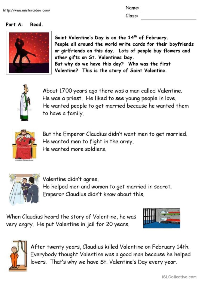 Fifth grade reading worksheet covering the historical origins and theories of Valentine Day